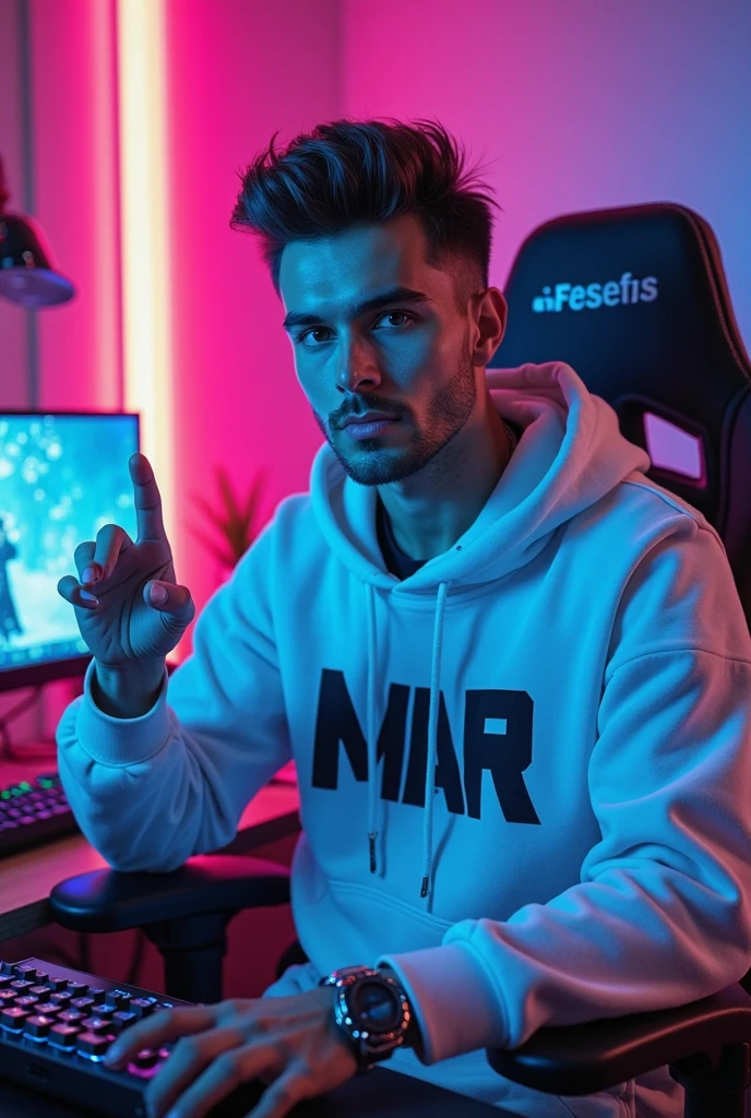 Create an ultra-realistic image of a 25-year-old man seated on a high-end gaming chair, talking about gaming for TikTok. Include the following details:
- Hair: short and styled, dark brown with a slight wave
- Eyes: blue, expressive, focused on the camera
- Skin: fair complexion, with a slight stubble for a casual look
- Expression: enthusiastic and animated, as if explaining a gaming strategy
- Clothing: casual T-shirt with a popular gaming logo, and comfortable jeans
- Accessories: gaming headset with a microphone, a smart watch on his wrist
- Background: a modern gamer's setup with RGB LED lights creating a colorful atmosphere, multiple computer monitors displaying a game interface, a keyboard, and a mouse on the desk
- Lighting: dynamic and vibrant, with reflections from the RGB lights enhancing the gaming mood
- Props: a shelf in the background filled with gaming merchandise like figurines, game boxes, and posters of popular video games
- Style: hyper-realistic with attention to detail in facial features, clothing texture, and the gaming environment