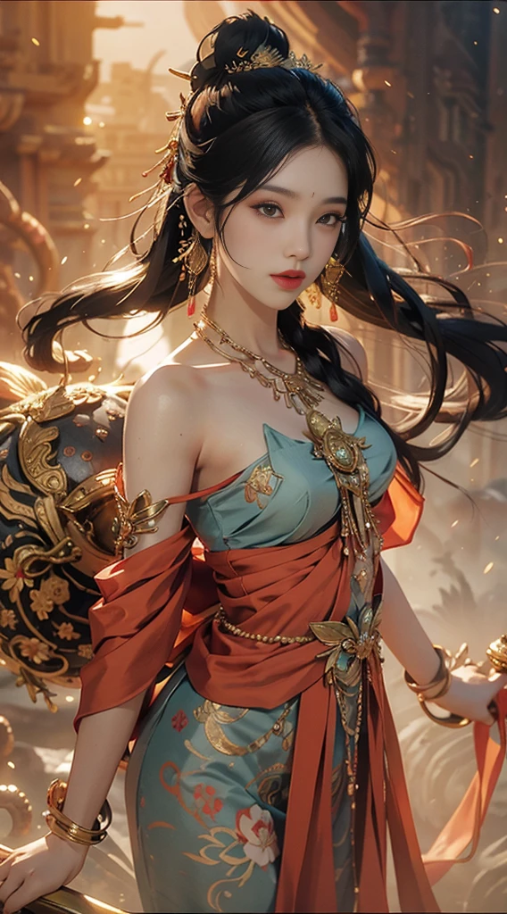 An elegant woman draped in vibrant fabrics and intricate jewelry, surrounded by a tapestry of masterpiece colors and textures, melhor qualidade, intrincado, cabelo loiro, (((cabelo encaracolado)), olhos aqua, sobrancelhas grossas, (caucasiano: 0,4), (Asian: 0,6),