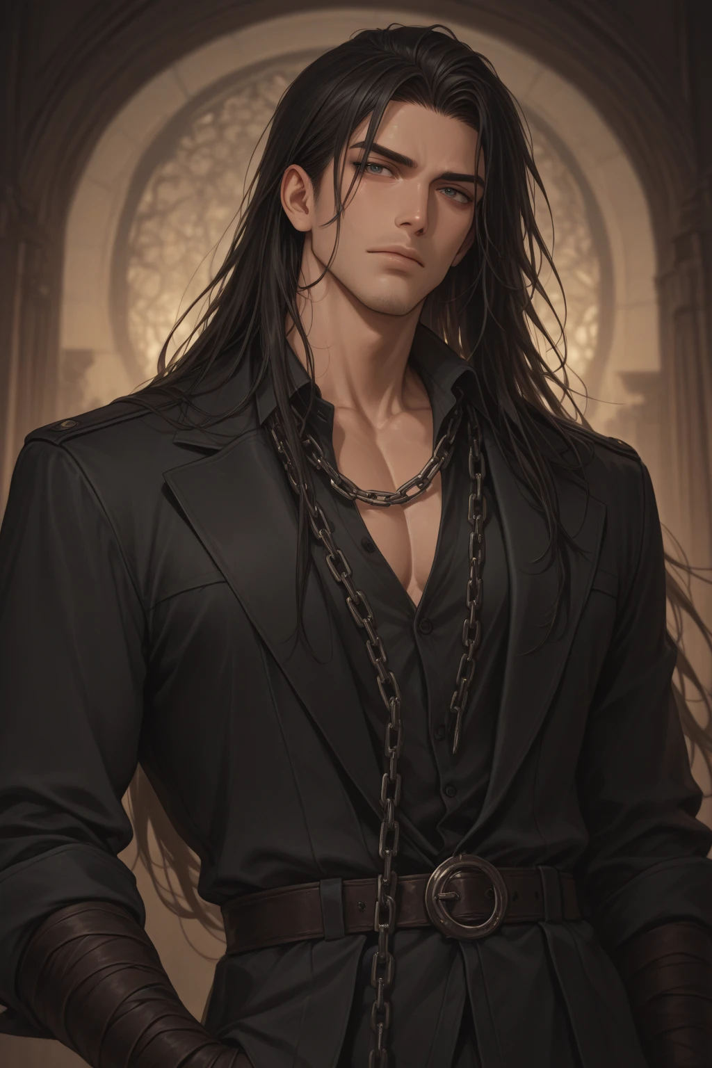 (absurdres, highres, ultra detailed), 1 male, adult, handsome, tall muscular guy, broad shoulders, finely detailed eyes and detailed face, black very long hair, handsome, fantasy, gothic, wolf ears, wolf tail, Sunlight, Fantastic light and shadow, Scenery, portrait, vampire fangs, sexy, attractive, full body, tongle, no clothes, no shirt,, Dog Collar, bangs, cute face,, red eyes, angry face