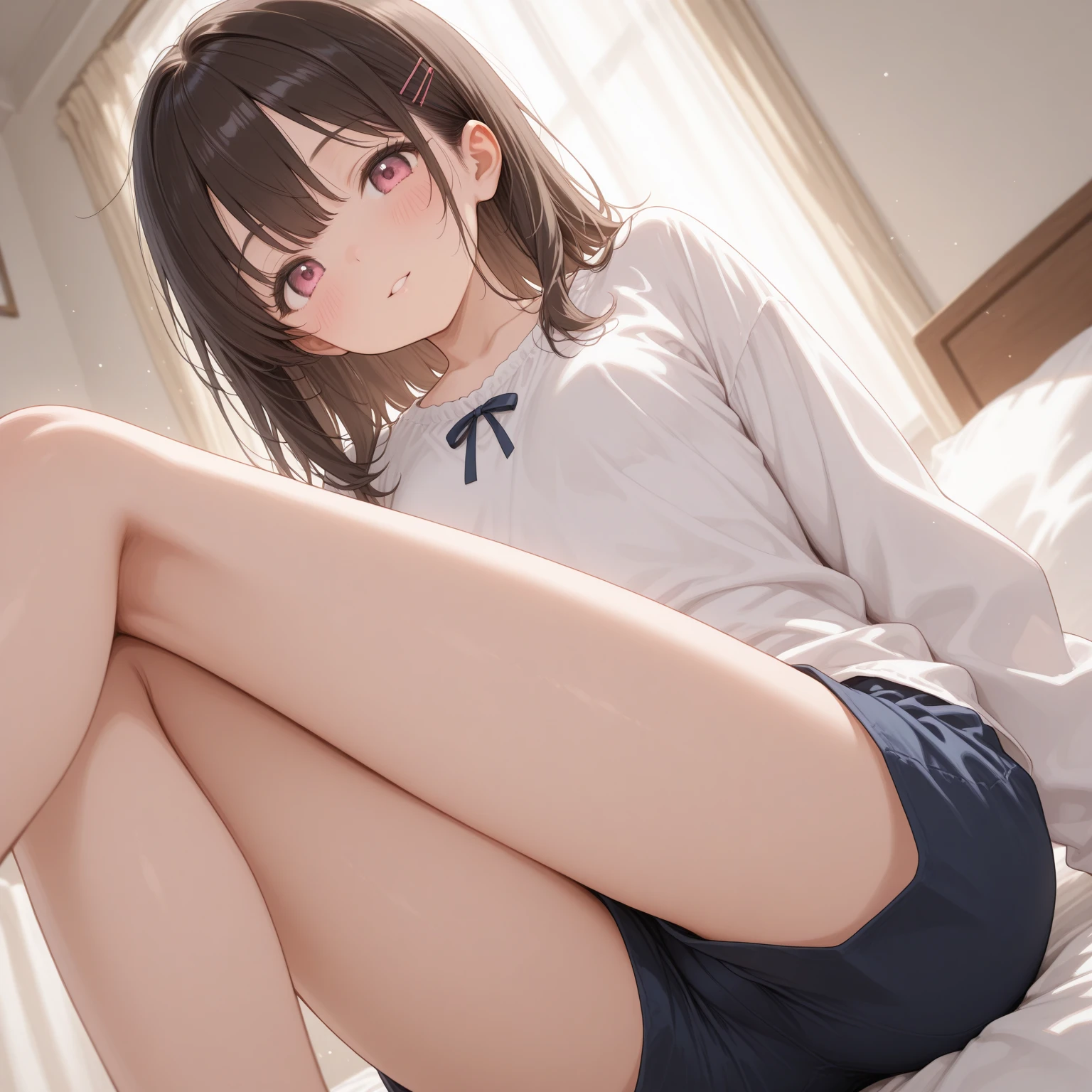 Extremely detailed, masterpiece, high resolution, realistic, 1girl, (very tall), long slender legs, small waist, (medium bust:1.2), (very long brown hair), hazel eyes, alluring eyes, unbelievably cute face, cute eyes, looking down at viewer, short white skirt, white polo shirt, tight clothes, full body shot, in bedroom, soaking wet, just got out of shower
