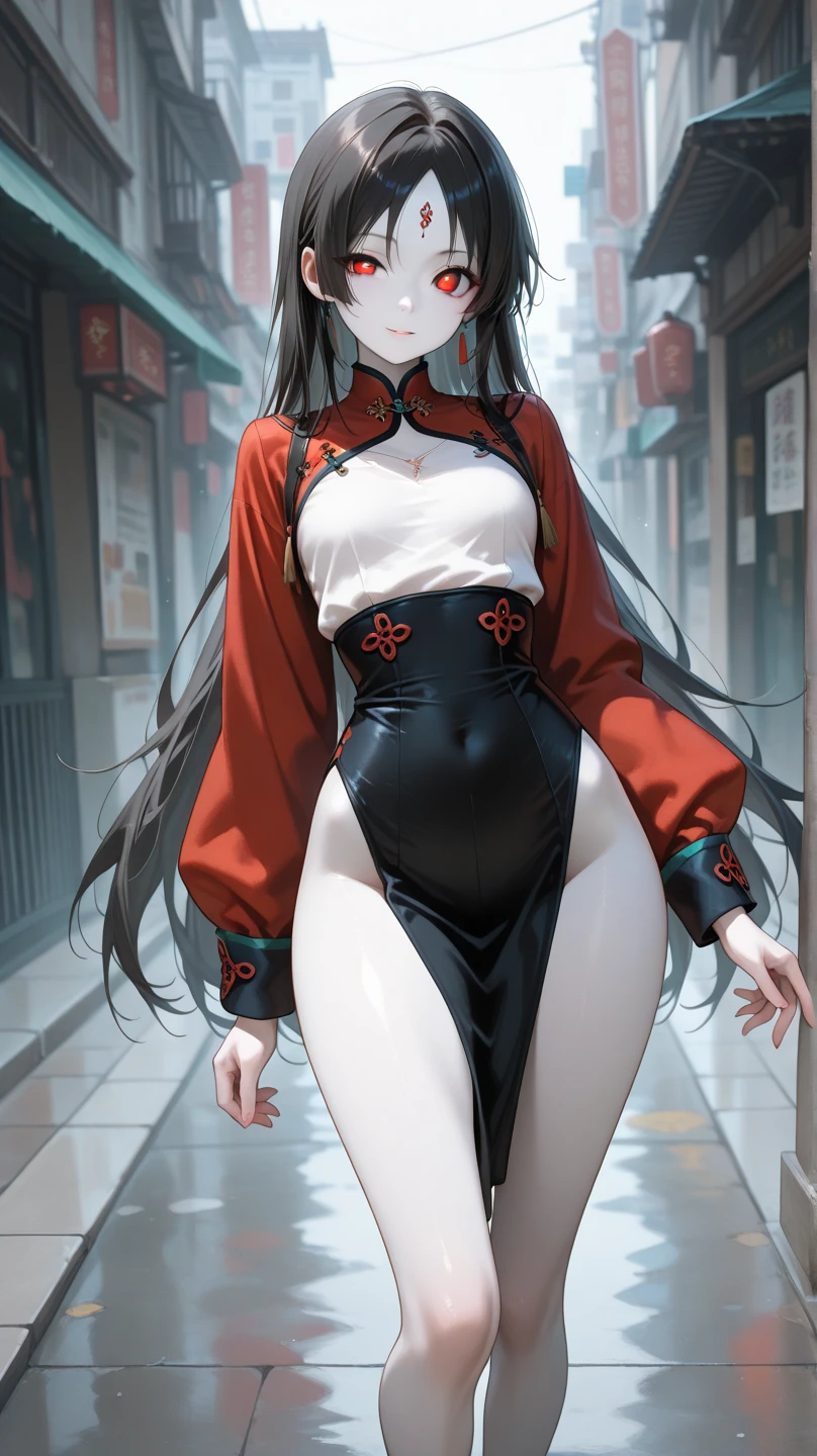 masterpiece,best quality,high resolution, 1 busty girl,From below,(The legs are very thin and straight),,(Very long legs,Straight Legs),,High heel,long legs,stand up, Leg length from the front, Perfect body,Have perfect legs,Cyberpunk Characters,dynamic poses,1 busty girl,(((Large Breasts、Low-cut,Cleavage, Wide hips,)))((Long legs)),Hourglass figure,Exquisite eyes,Brown eyes,Eyeshadow,make up,long gray hair, Delicate face, Delicate eyes, Looking at the audience, Blush Blush, Plump lips, Red lips,(Black long hair:1.3), (stand up)Mechanical static,Machine Summoning,(Hair accessories:1.1),hat,((((White cheongsam)))),(black stockings,pantyhose garters),City,Luminous winding,glowing butterfly,cyberpunk lamp:1.1),Neon,Fully mechanical and futuristic elements,science and technology,背景是一條中國傳統的street,China Town, street, sky sky, Cyberpunk Characters, Paper lanterns, Neon Super Resolution,(Reality:1.3),1(Slim:1.2),Dramatic Lighting,Vibrant details,Luxury Cyberpunk,Complex background,Octane's RendereRed,