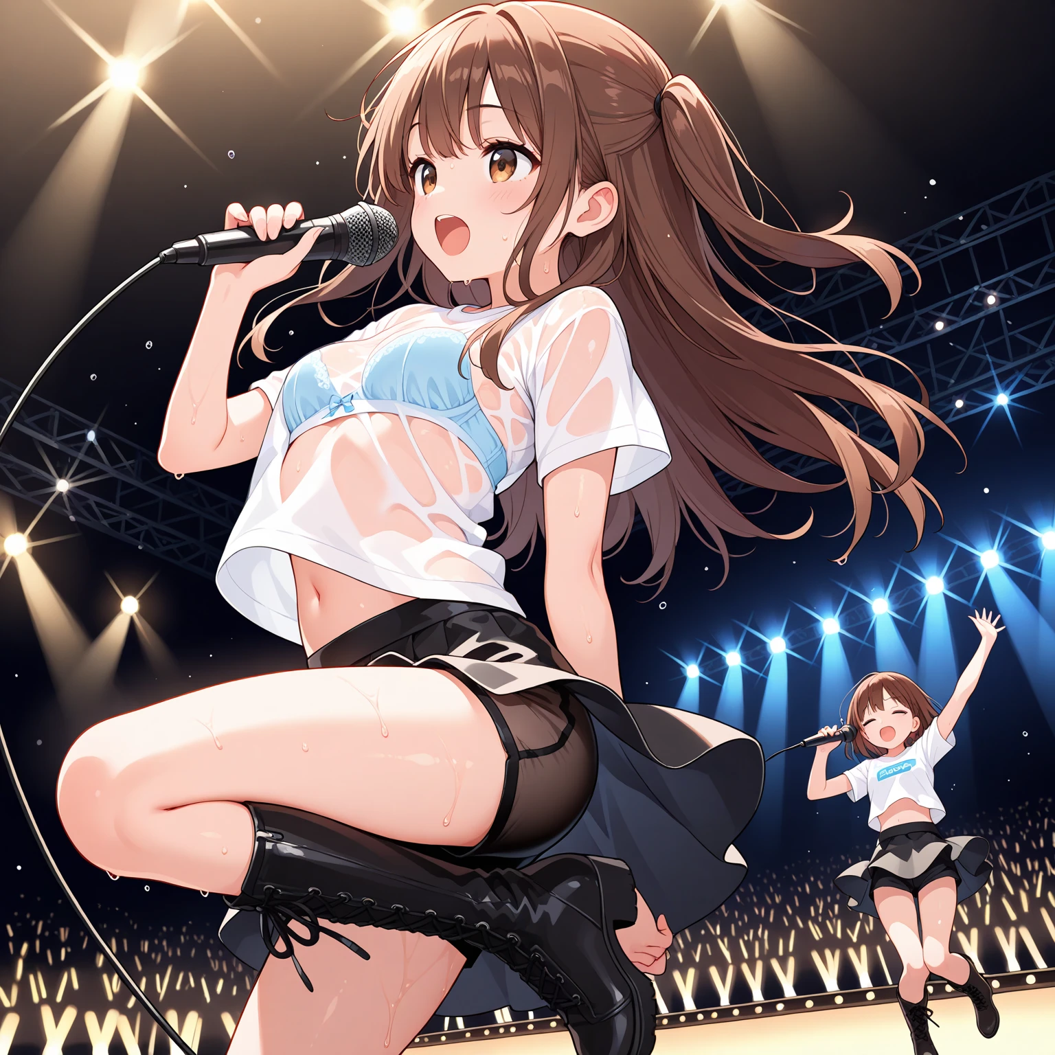 Light brown hair、Silver Eyes、Sweaty、Wet Body、Idol Stage、View here、Outdoor Stage、Blue sky、全naked、naked、Embarrassing、Hold the microphone、sing、