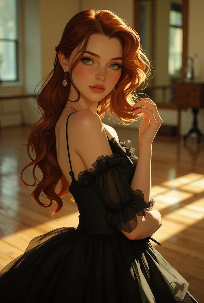 14 yo, Beautiful Russian, god, cute face,in a black short dress, skinny, beautiful tight dress, curly hair, wild hair, sharp facial features, Blue eyes, small nose, thin waist, slim waist, voluminous hair, dimples, thin arms, girl, black tight short dress, pop в платье, slim waist, short skirt, topic, pop, beautiful back, pop, 14 years, pop, view from the back, Very short dress, ass in a dress