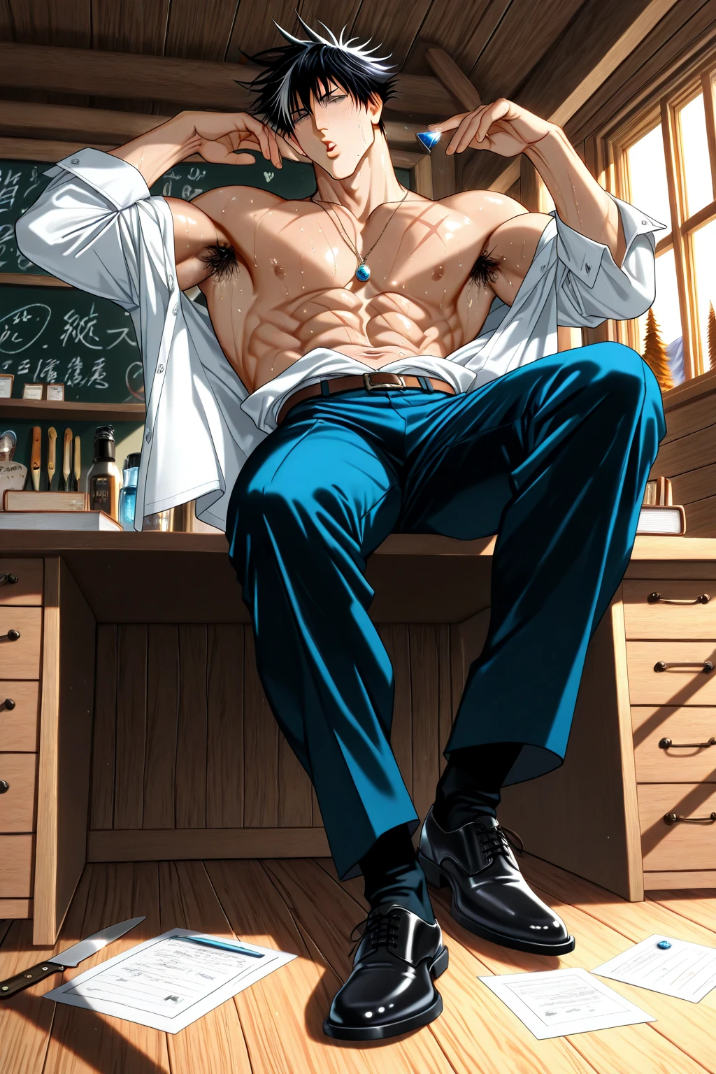 1 man, 40 years old, foreigner, blond hair, blond pupils, standing in the room, shirtless, surrealist