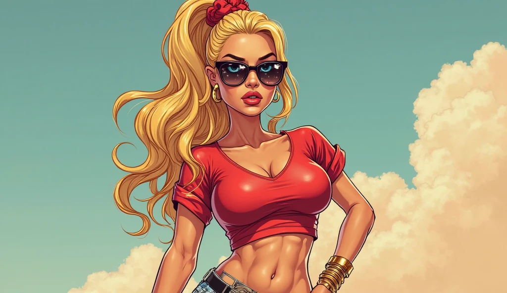 (woman) , (cat ears), (cat tails), ((leopard print)), blonde hair, (long pony tail), ((big hair)), (messy hair), blue eyes, (pink lips) , (large breasts), cleavage, wide hips, narrow waist, ((thighs)), navel , open jacket, red jacket, bra , belt, denim skirt, freckles, necklace, bracelets, choker, painted nails, soft makeup, evil smile, parted lips, posing, outdoors, mall, street, solo,(thick outlines), comic book style