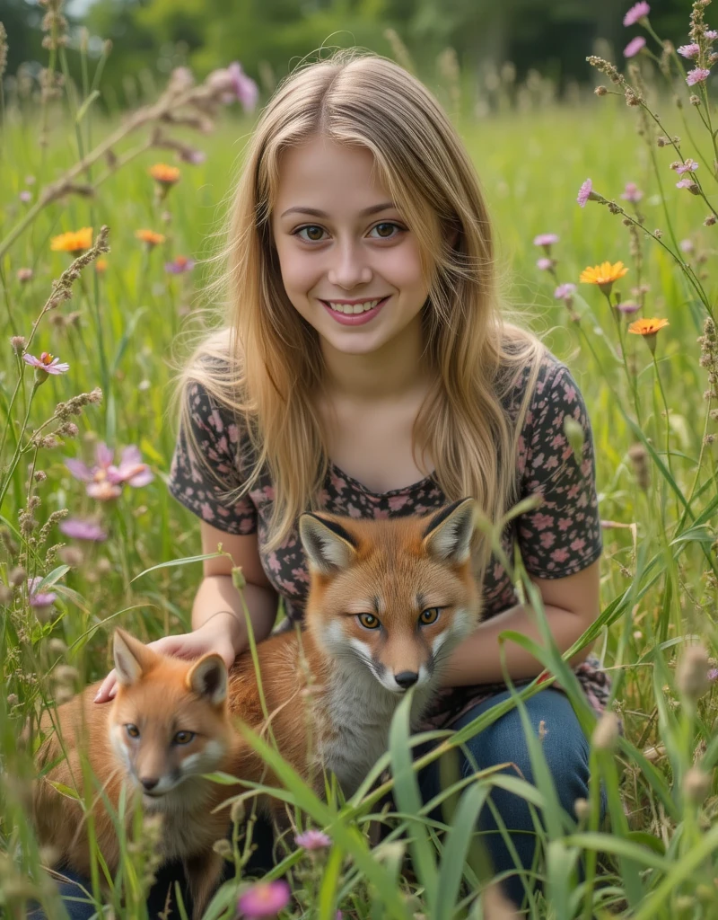 create image of a five year old . Redhead with orange eyes carrying a fox cub on her lap. They are in the forest and all around are falling leaves. it&#39;s autumn
