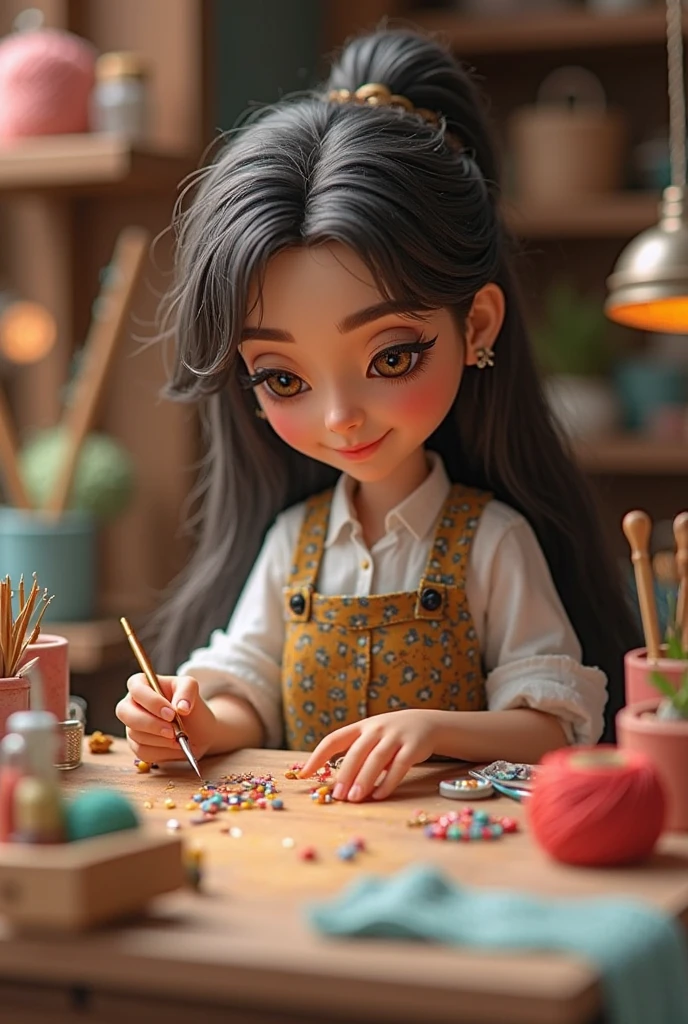 Company Name : MOCHI ( art and craft studio ). background: company logo and name, logo design colour is black,red and white. model: beautiful girl with smile and cute face, pink hair. location: sculpture studio. she made the cute cat sculpture with the sculpture tools . studio decoration : clay , art brush, cast tube,cylinder,cone, spere,triangle tube. model girl is like the real human face.