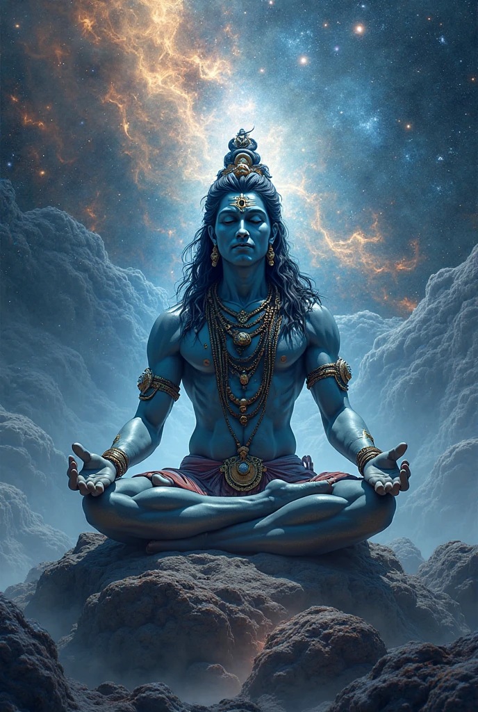 Mahadev on the cloud in lightning around him and he is sitting in a rock