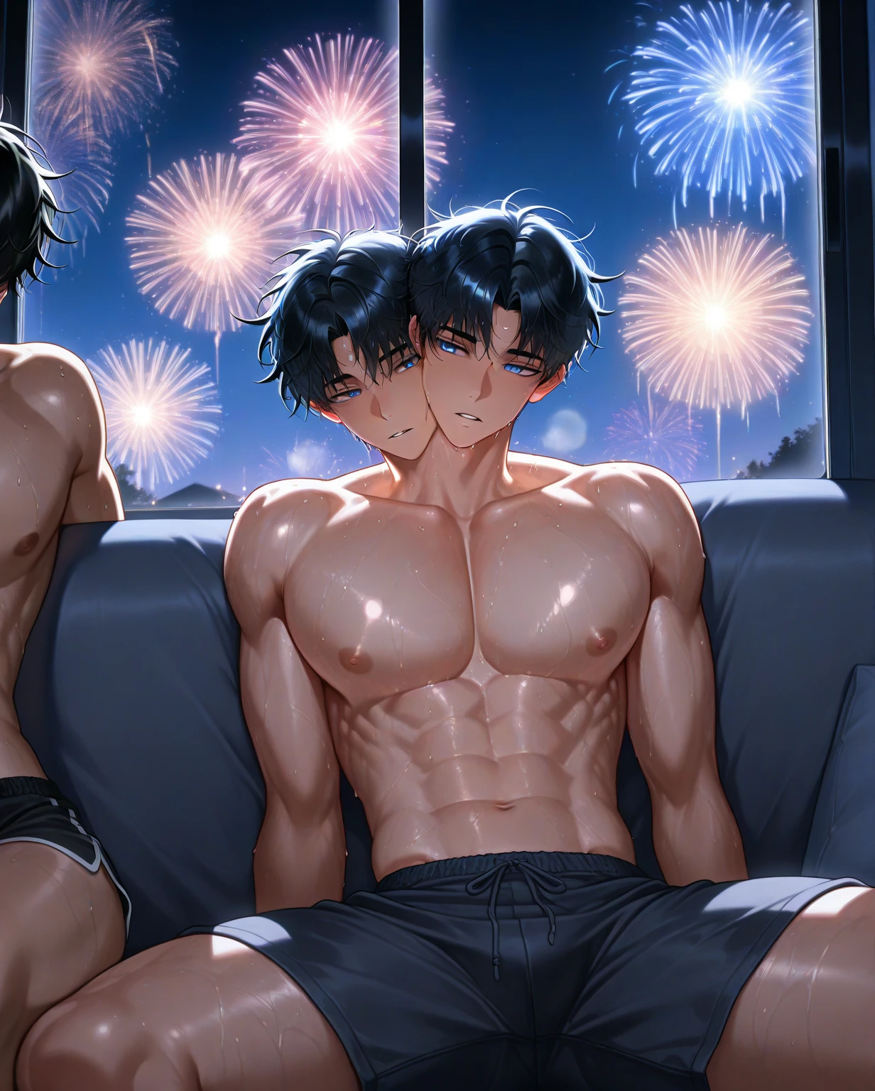 Highest quality、Completely naked、(muscular male:1.2)、(father:0.5)、Black Hair、Short Hair、Sports haircut、short hair、Embarrassed face、spread legs, legs up、(Ass hole:1.1)、Perfect Erection、gangbang、3boys 、(cum on chest:1.2)、(sweat:1.4)、(steam:1.1)、Veranda、firework
