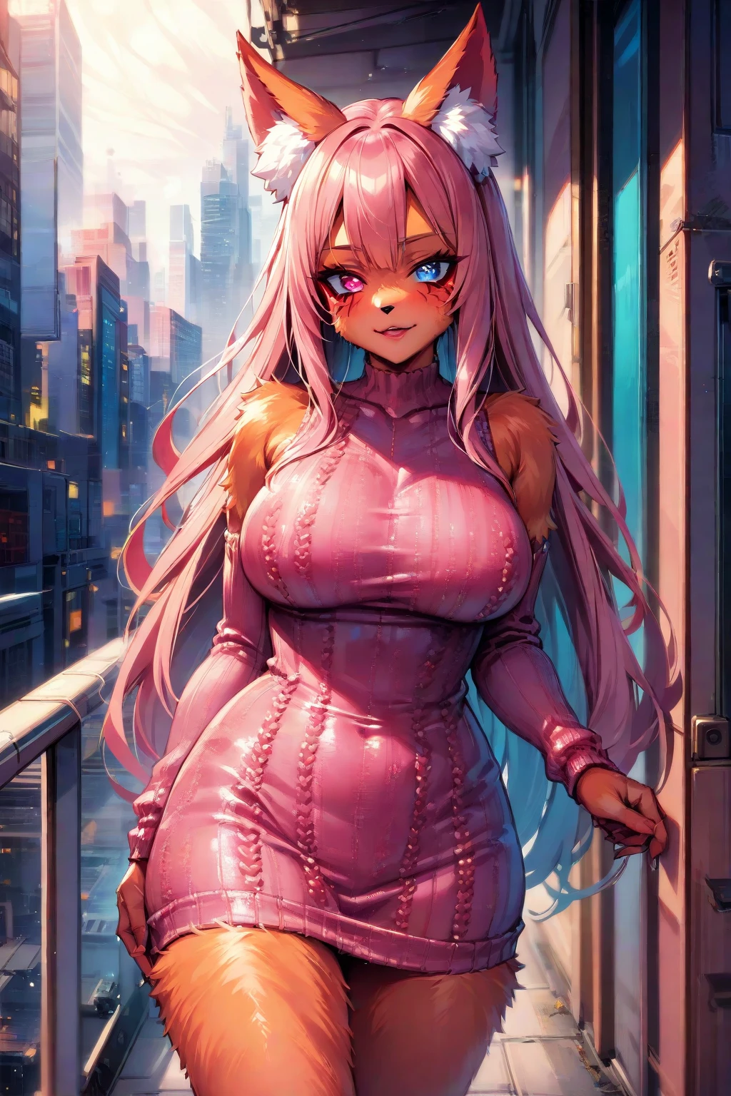 Happy , with wolf ears and pink hair, holding her cheeks, wolf tail, wearing a latex dress, looking at veiwer, full body, you can see her chest, naked breasts