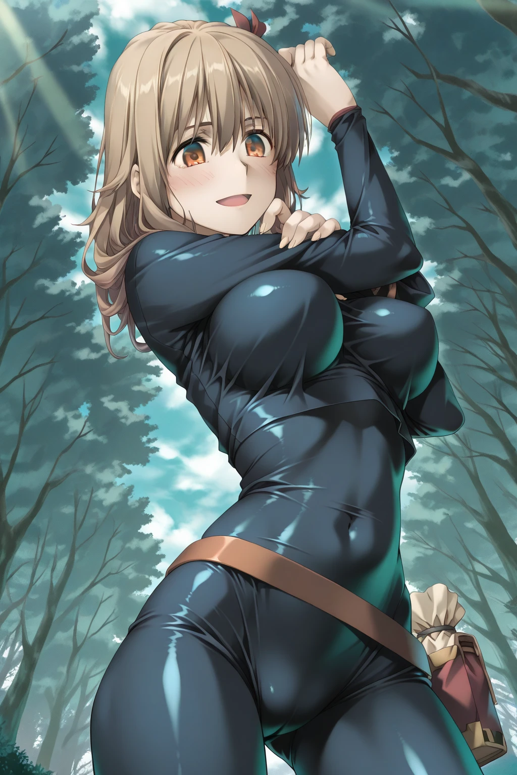 masterpiece, best quality, 1girl, solo dimaria yesta, blue bodysuit, long sleeves, gloves, dynamic pose, looking at viewer, forest, field,((cowboy_shot)), (((dominatrix woman, dominant woman )))