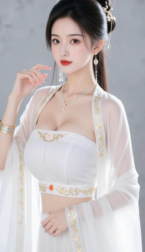 (RAW photos:1.2), (realistic:1.4), (Masterpiece:1.3), (best quality:1.4), Ultra high resolution, (Detailed eyes), (Detailed facial features), (Detailed clothing features), HDR, 8K resolution, focus only, Dressing according to Thai tradition, Traditional shawl , 1 woman , big breasts, A gigantic rift, big breastsดันเสื้อผ้า, big breast, Your breasts will grow to their full size...., Make your breasts bigger.., small waist, Long legs, Facing the audience, full body, depth of field, Cinema-grade lighting system, big breasts,  Too big for your body, Revealing a flat stomach, The lower half of the chest can be seen...., Sexy sitting posture, Pictures from eye-catching angles, Correct picture composition, The picture is complete.., 