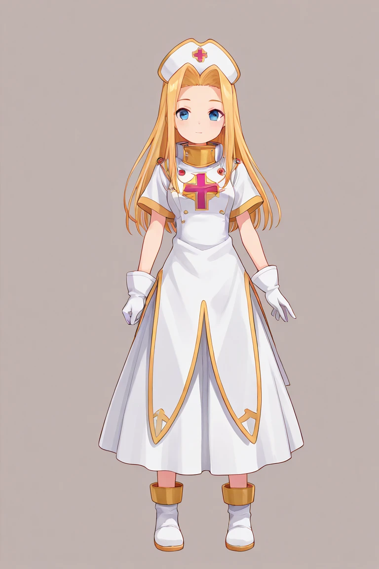 1girl, angxlcream, priestess, blonde hair, blue eyes, long hair, hair between eyes, looking at viewer, cowboy shot, dutch angle, <lora:riesz_sdxl_locon_ani_v1:0.7> <lora:angxlcream:1>