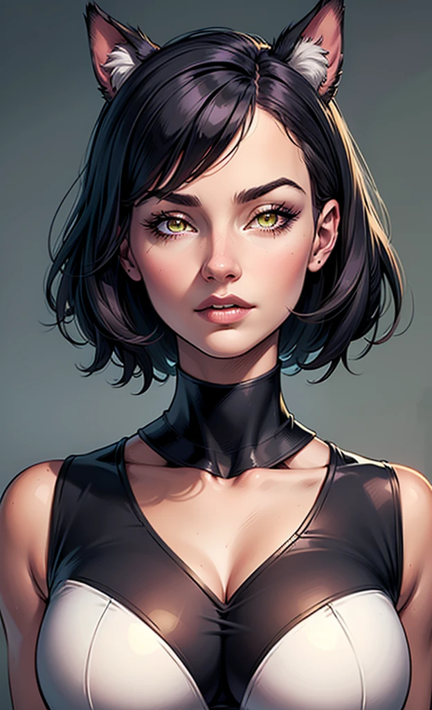 A tall woman with semi pale skin, dark brown hair in the style of a long pixie cut with white colored tips, glowing yellow eyes, a fair nose and perfect lips, wearing a black turtleneck shirt with no sleeves and black tights. She has a calm and serious expression. She has a shadowy and misty air around her and emitting from her hair. Drawn in comic book style from ((Neil Gaiman’s The Sandman)). ((Comic book style)) ((drawing)) no rendering. Simple drawing.