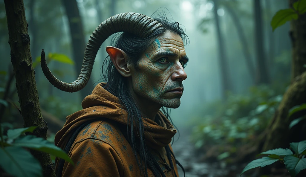 Indigenous person with voluminous red hair, with pointy ears, smoking a cigar