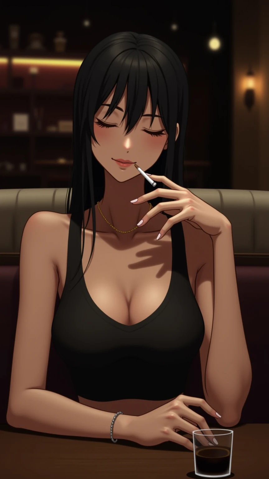 professional artwork, Intricate Details, field of view, sharp focus, detailed painting, photorealistic lighting, trending on pixiv,(masterpiece:1.0),(best_quality:1.0), ultra high res, ultra-detailed, photography, 8K, HDR, highres, absurdres:1.2, Kodak portra 400, film grain, sharp focus, bokeh:1.2, lens flare, (vibrant_color:1.2), (((indoors, dark night district))), Annerose, 1girl, female mature, ((long hair, only black hair:1.4)), (yellow eyes), large breasts, ((leotard)), soft skin, hair intakes, (1girl:1.4, solo:1.4), (upper body, half body shot), confident, energetic