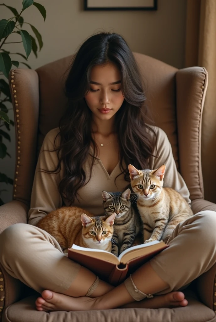 ((realism)), extremely high quality RAW photograph, Detailed background, complicated, messy hair, Beautiful details and textures, Highly detailed, A person sits and reads a book and a cat lies beside him.