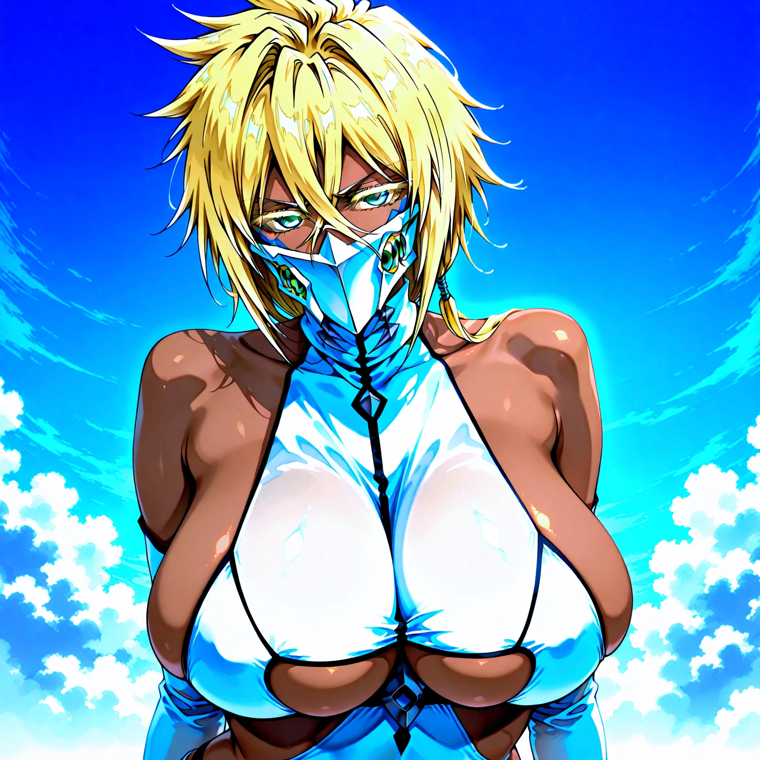 anime_character, Tia_Harribel, white_hair, short_hair, teal_eyes, Hollow_mask, Hollow_outfit, cleavage, Espada, Zanpakuto,
1 girl, 25yo, Young female, Stunning figure, Beautiful long legs, Beautiful body, Sharp Nose, Intense character design, perfect eyes, perfect face, expressive eyes, looking at viewer, in the center of the image, (serious_expression:0.5), official art, extremely detailed CG unity 8k wallpaper, perfect lighting, Colorful, Bright_Front_face_Lighting, shiny skin, (masterpiece:1.0), (best_quality:1.0), ultra high res, 4K, ultra-detailed, photography, 8K, HDR, highres, absurdres:1.2, cinematic effects, film grain, blurry background, bokeh:1.2, lens flare, (vibrant_color:1.2), (Beautiful, large_Breasts:1.0), (beautiful_face:1.5), (narrow_waist)
