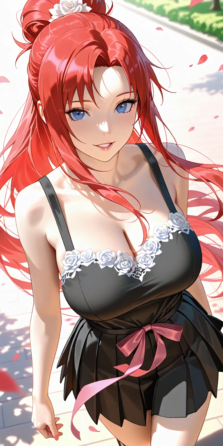 An anime girl with red hair and blue eyes wearing a skirt and an open shirt revealing a black and red bra