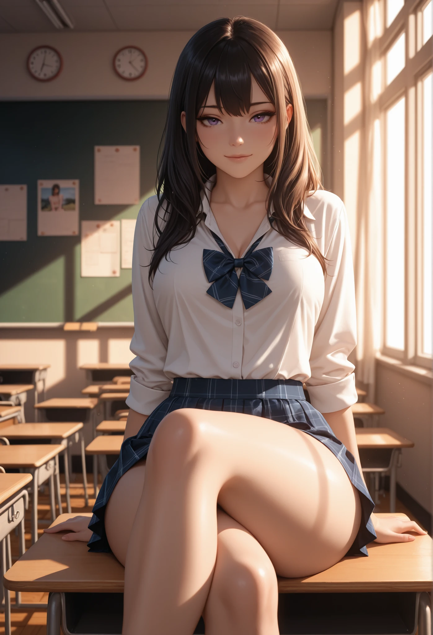 ((masterpiece)), ((best quality)), (ultra-detailed), ((extremely detailed CG)), 4K, (8K), best quality, (beautiful), anime style, upper shot, full body focus, from below, from front, Classroom, desk, chair, a cute girl, 1girl, solo, (nsfw:1.3), Double eyelids Eyes, school uniform, sitting chair, (On the desk, spread legswide, panty shot:1.2), beautiful light brown hair, beautiful brown eyes, ((beautiful detailed eyes)), medium hair, ashamed, blush, shiny-glistening, gleaming, Professional Lighting