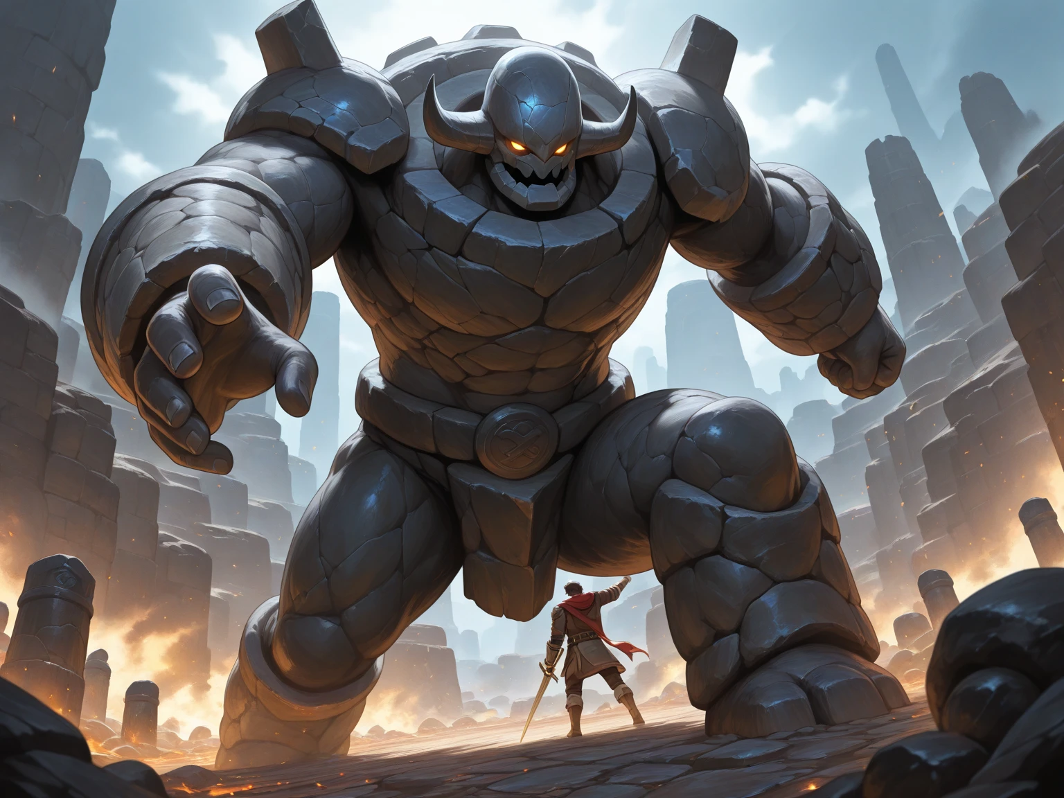 A giant golem made of stone and holding a huge black two-handed sword. --auto