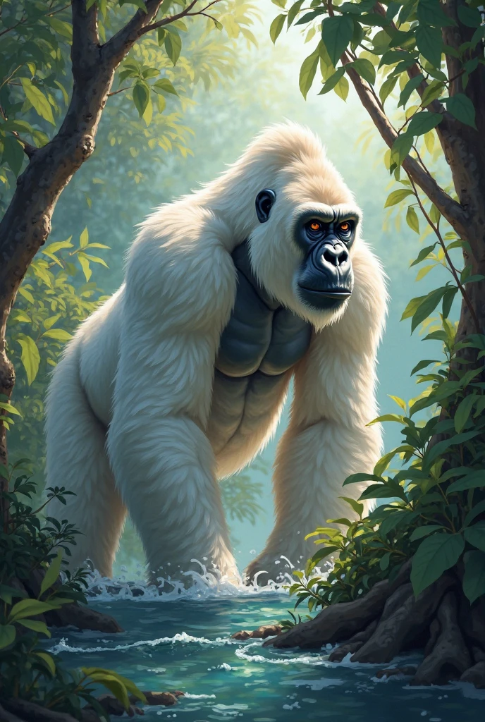 A gorilla with silvery white fur,god獣,god々Shii,Dazzling Light,god秘的な雰囲気,The background is the ruins of a jungle,High-definition, detailed depiction,素晴らShii最高傑作.