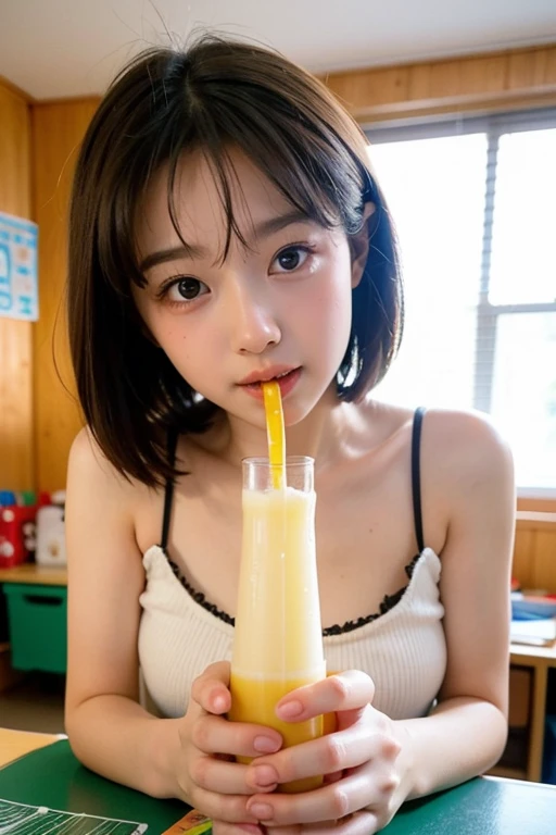A 20-year-old woman with the cute face of an idol who looks 15 years old.。Gentle and cute。Please smile kindly。She is completely naked、Bust is a little large She is drinking orange juice on the sofa. Raw photo real genuine real life No copyright notice