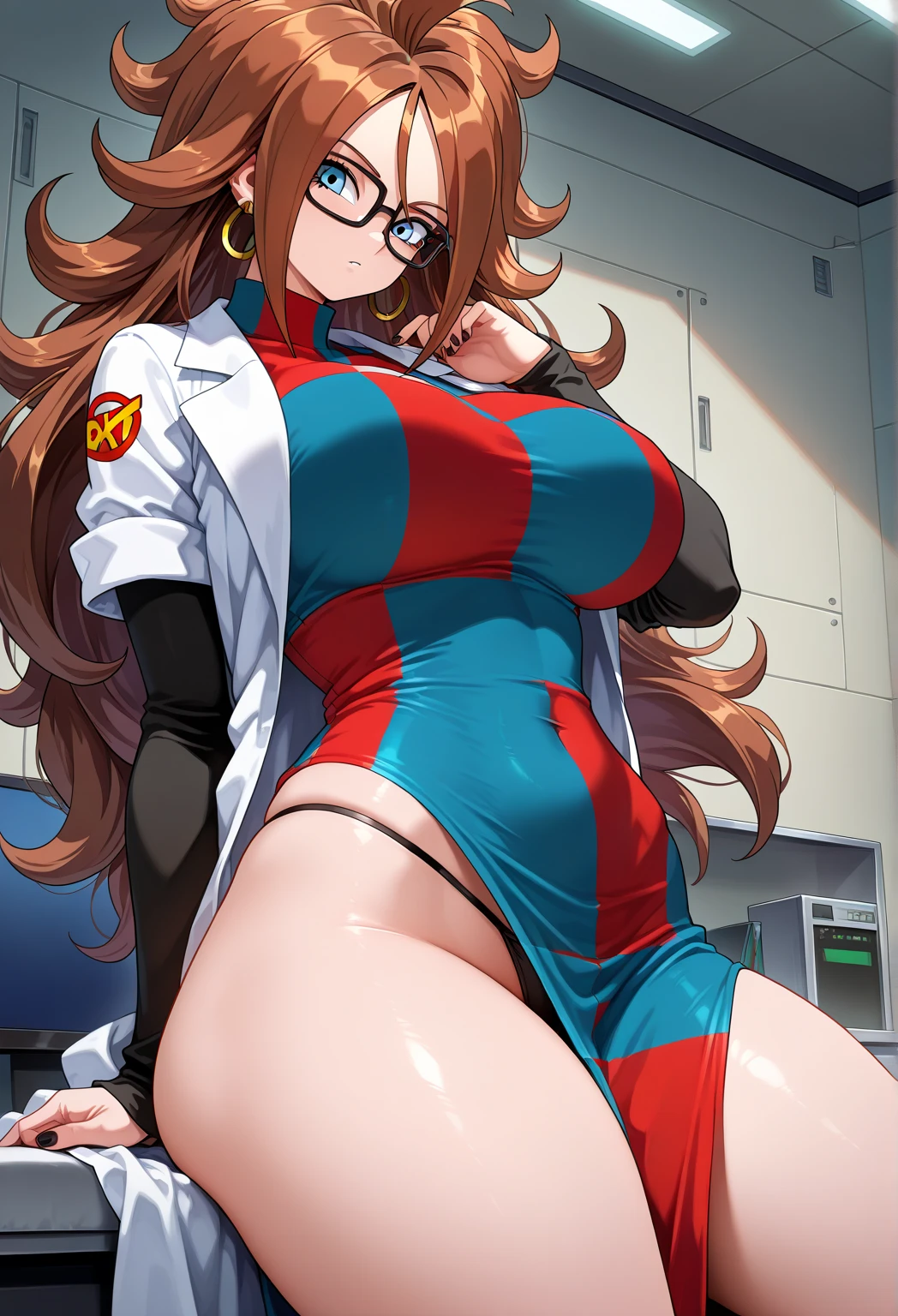 (best quality:1.3), Android 21, ), NSFW, peituda, clivagem, (brown hair), sedutora, rosto sexy, sexy, body curvy, tiny waist, bunda grande, (White coat), exposed breasts, sensual face,