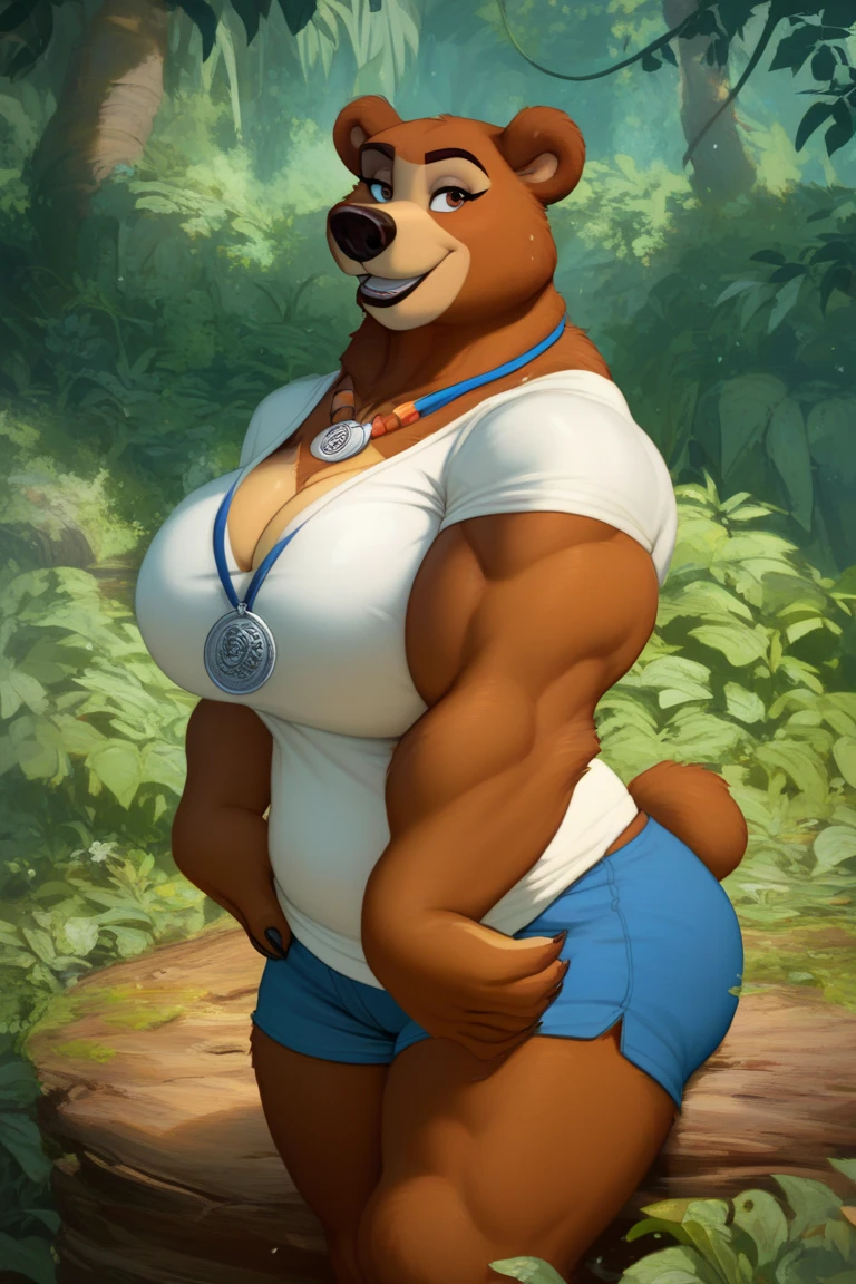 score_7, score_8, score_9, dynamic lighting, detailed background, background is forest), trees, rocks, cave entrance, glowing, close up, cowboy shot, dutch angle, full body shot
BREAK
Solo, anthro, furry female, female bear, brown fur, (light brown muzzle), black animal nose, black eyes, bear tail, very slender waist, very narrow waist, wide hips, massive breasts, massive sagging breasts, huge erect nipples, very long torso, very long legs, thick curvy legs, big hips, hourglass figure, bear feet, feet claws, big pouty lips, toned body, fit body, big ass, firm ass, extreme pubic hair
BREAK
standing, turned away from viewer, looking back over shoulder, bending down, showing off ass, plump pussy lips, smiling, seductive look, half closed eyes, (blue crop top), (frilly crop top), blue tutu, yellow scarf, flower behind ear, ear flower, hips cocked, flirty,