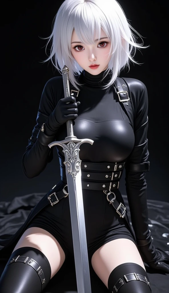 8K,Masterpiece,One woman,(Combat pose),Holding a naginata,Smile,30 years old,blue eyes,White Hair,Short Bob Hair,(Gothic Lolita),Dutch beauty,Ella Freya(Ella Freya),(White panties),2b, short hair, Knee socks, gloves, Long sleeve, dress, Slender figure, Cleavage, Small breasts, Gray Hair, hair band, boots, Puffy sleeves, black Knee socks, Black footwear, Mole, black dress, High heels, leotard, Clothing cutouts, thigh boots, Cleavage cutout, black hair band, Juliet Sleeve, high heel boots,Dynamic Angle