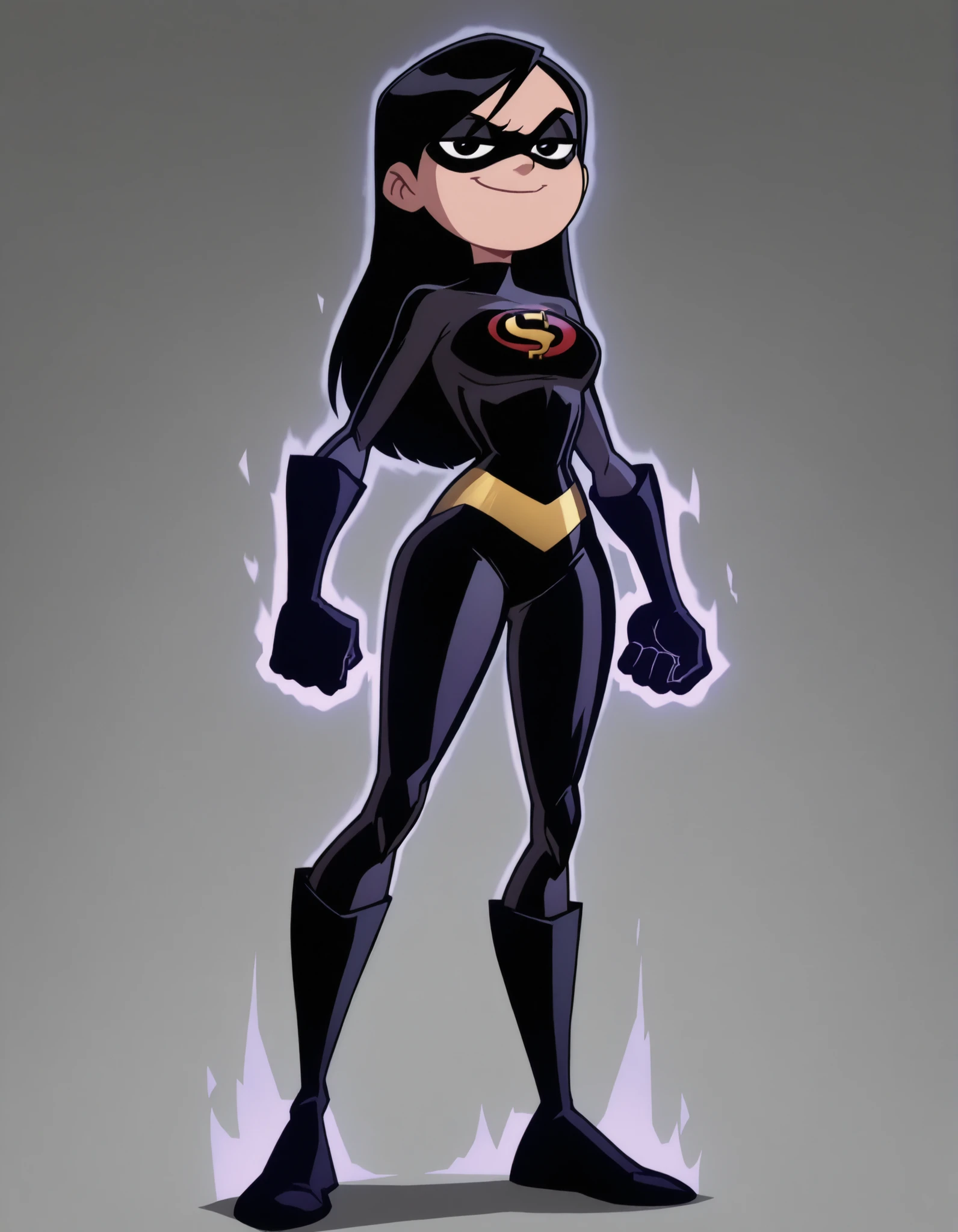 1girl, solo, superheroine, violet parr from The Incredibles, black bodysuit, medium breast, full body, looking at viewer, thick thights, skin tight bodysuit, black knee high boots, black longue elbow gloves, Full Body:1.5, Black hair, long hair, straight hair, black domino mask, white-eyed domino mask, Purple aura, purple energy aura, standing, arms at both sides, fists closed, Closed hands, perfect hands, perfect face, athletic body, fit body, Perfect anatomy, smug, (The Incredibles logo on chest), (The Incredibles logo), (Logo on chest), Simple light gray background,