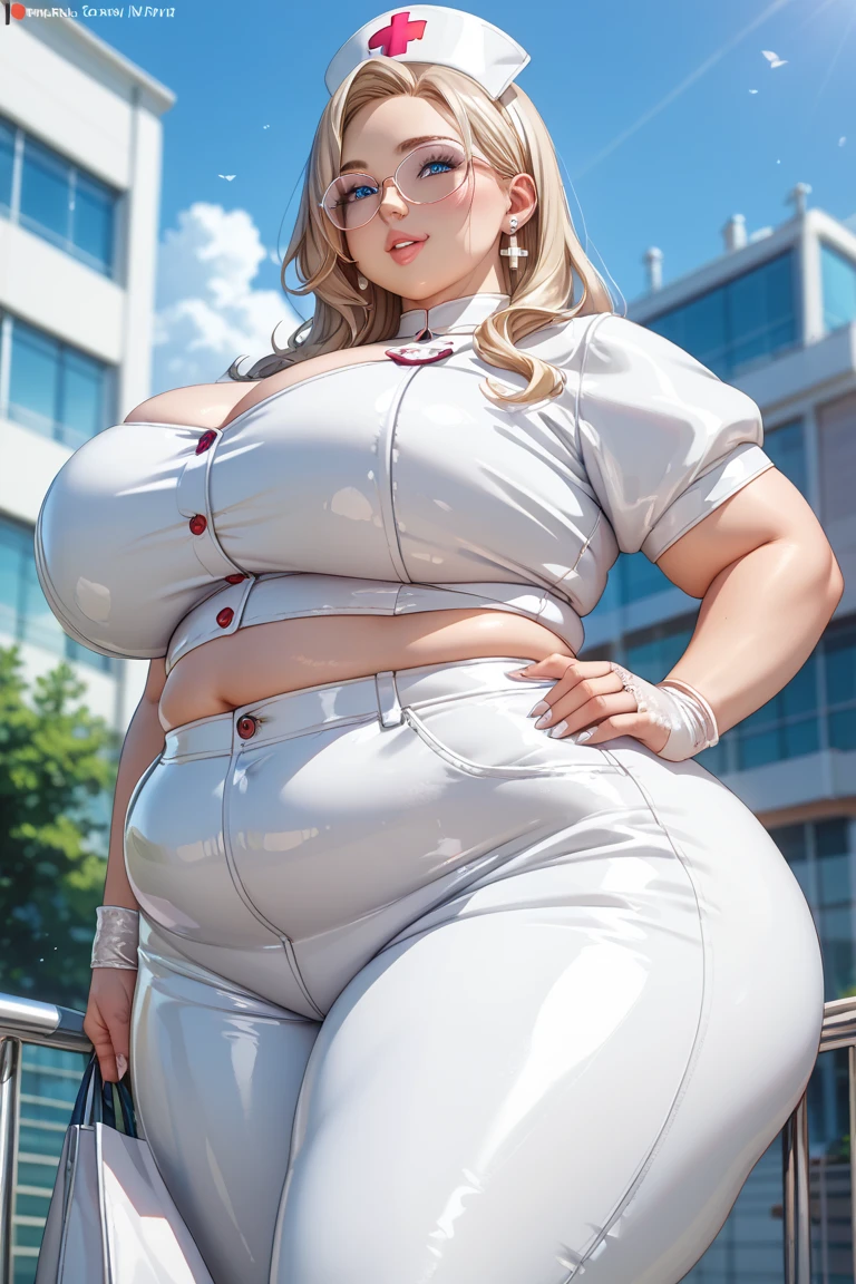 Photo realistic, bbw, huge tits, cleavage, realistic lighting, very thick, huge thicc chunky thighs, young, white hot blonde girl, detailed face, wide hips, flirting, squishy, posing seductively, pushes up tits, huge ass, sexy pose, cheerleader, look, (hands holding breasts), college girl, super big belly, obese, ssbbw, exhausted look