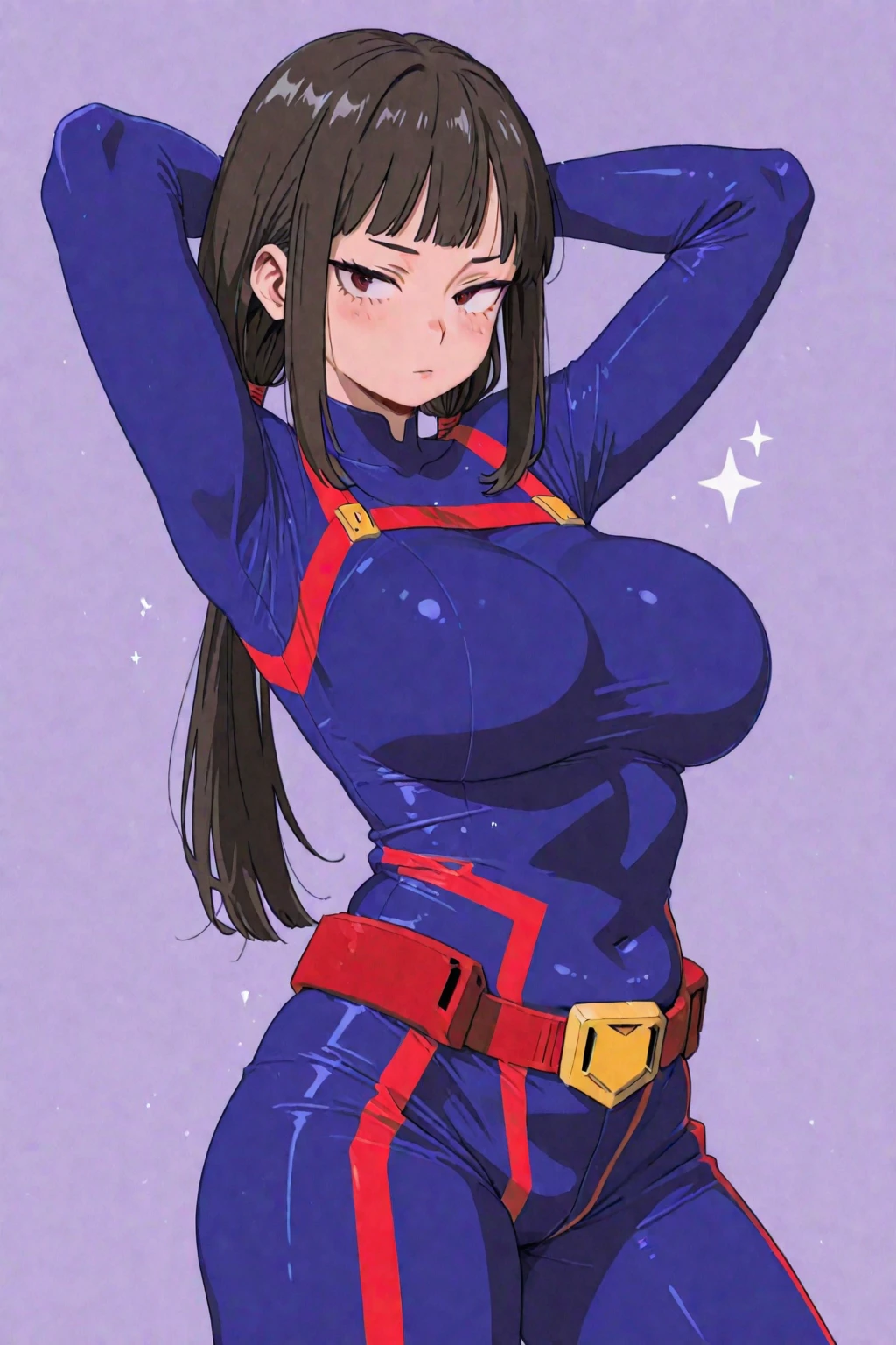 (完璧なボディ),最高品質,16k、咬筋部分、((NSFW))、((赤面))、((((恥ずかしい))))、:d、(筋肉質)、ツリフェ○ルメス、ショートヘアー、ボブカット、(黄色の目),((黒い髪))、鈍前髪、ポリスハット、((汗))、(大きなお尻)、巨大な胸、((太い太もも))、茶色いベルト、(ネイビーブルーのレオタード)、ホワイトニーソックス、(街中)、左手を腰に、右手の敬礼、立っている、((青色の鎧))、(赤い鎧)、((グリッドマン))