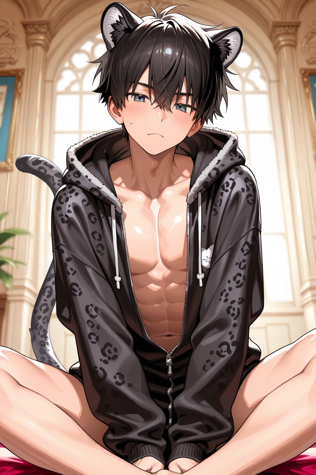 black hair boy, detailed blue eyes, sexy and muscular body, ?????, sweating, touching his ????