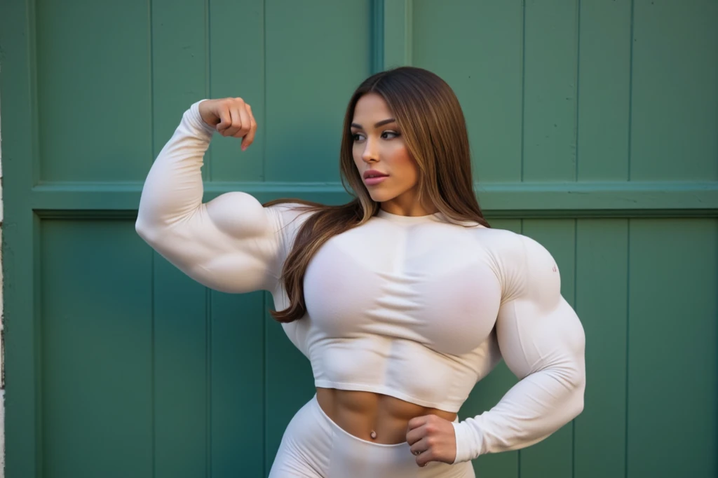 Liz cambage, Generate a full length fashion portrait of a heavily muscled iff pro female bodybuilder , her makeup, hair, she dressed in a tight fluffy woolen dress, tight miniskirt, white knee high socks, lighting, environment
