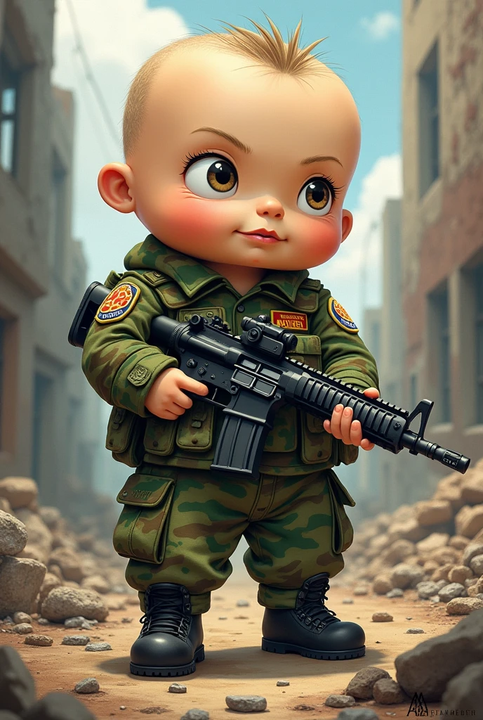 baby boy with very big head wearing marine uniform and military helmet standing guard in a realistic full body style