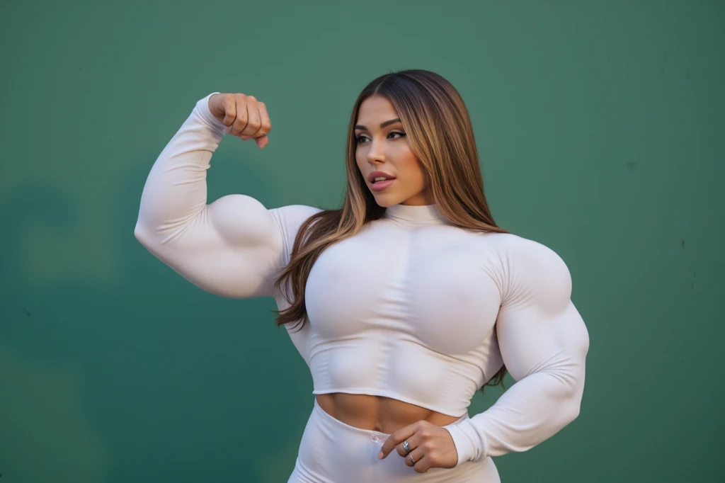 Viewed from above, Chyna, A heavily muscled iffb pro female bodybuilder, (Raw photography:1.5)、(hight resolution:1.5)、(Raw photography:1.5),(Photorealsitic:1.38)、(sharp focus:1.5) 、18 only、One girl、((Cowboy Shots:1.2)),((Body Like a Male Bodybuilder:1.8))、((tall:1.4)),((Thick arms with sculpted muscles:1.28)),((long legged:1.4)),((Sculpted muscular thick thighs:1.65)),((large full breasts:1.2))、
((fair white skin))、(( super powerful thick quadriceps))
((Delicate and perfect beautiful face,beatiful detailed eyes、big eye、double eyelid、Smiling))、
(English latex uniform 、White short-sleeved shirt、a bow tie、Navy Blue latex Pleated Skirt、Dark blue high socks:1.2)),((hime-cut)),
((Standing up with a shrug:1.2))、
((In a WWE wrestling ring))、
looking at the viewers、Facing the audience,The dim、