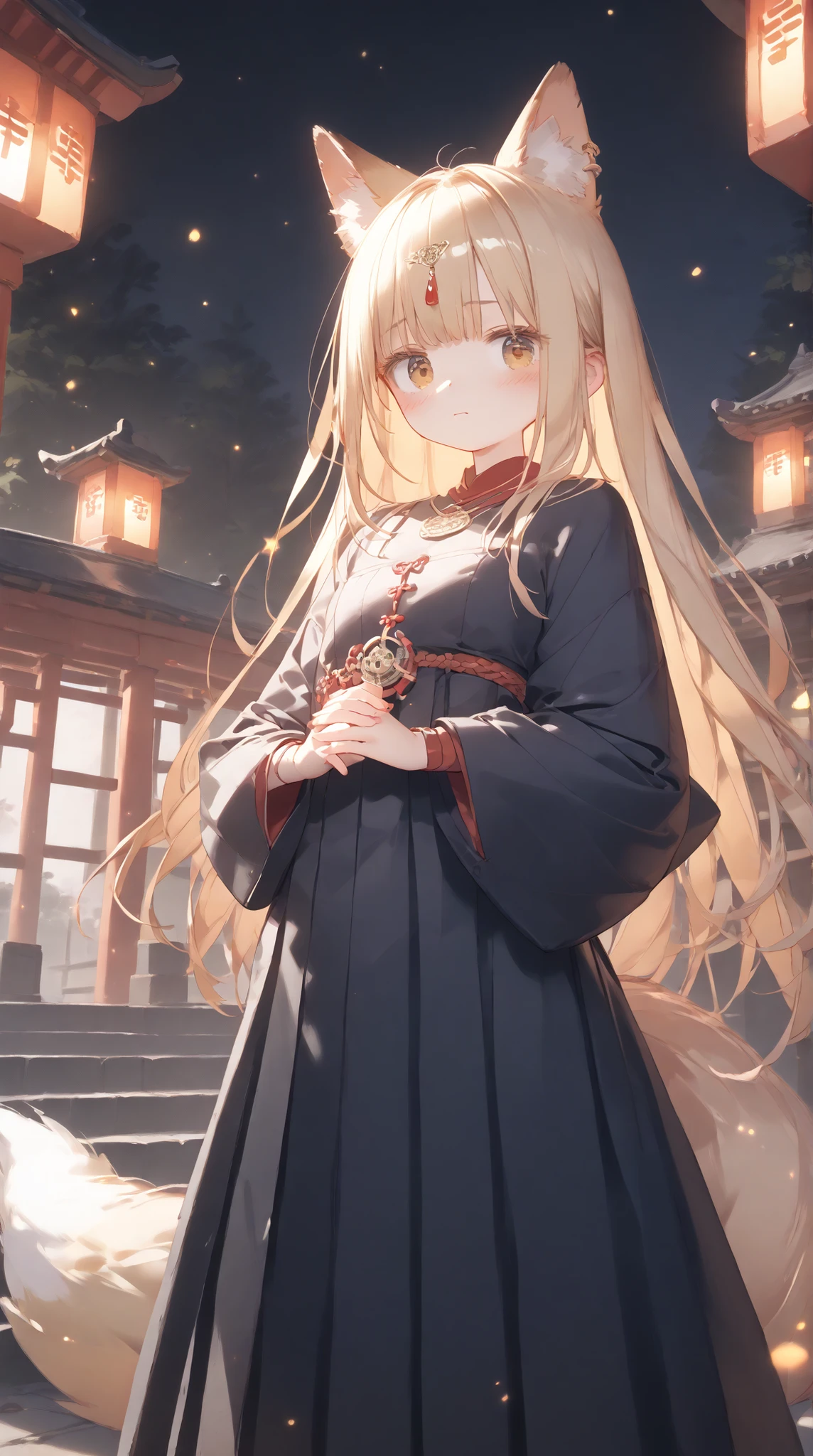 ((( masterpiece, top quality , high resolution , detail )))), ((((fantastic))), Japanese-style worldview、10age、1 little girl 、young、fox ear、Fox Tail、、Witch Costume、Vermilion Hakama、shrine、Domestic、Blonde、Golden Eye、flushed cheeks、 moji、embarrassing、Multiple phosphorescent lights are flying around