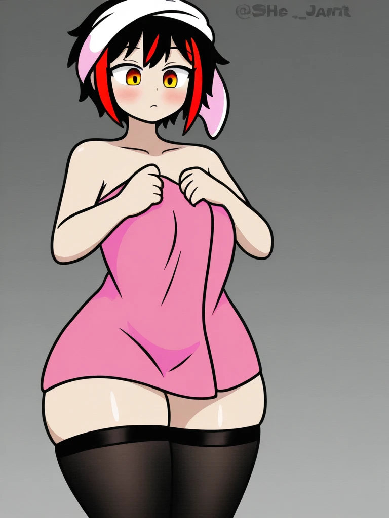 High tail hairstyle, Ponytail hairstyle, Long wavy black hair, standing posing, anime girl style, pixel art anime style,penetrating look with deep eyes,red and purple eyes, hair with a ponytail hairstyle trapped with a big red bun, women, red hair clips, x color shaped hair clips , smiling face blush, next to his bed, Skirt, tank top, Black hair, big thighs, NSFW, Skirt fluttering in the wind, perfect panty, look down, camera looking from bottom to top, viento levantando su Skirt haciendo que se le vea el panty