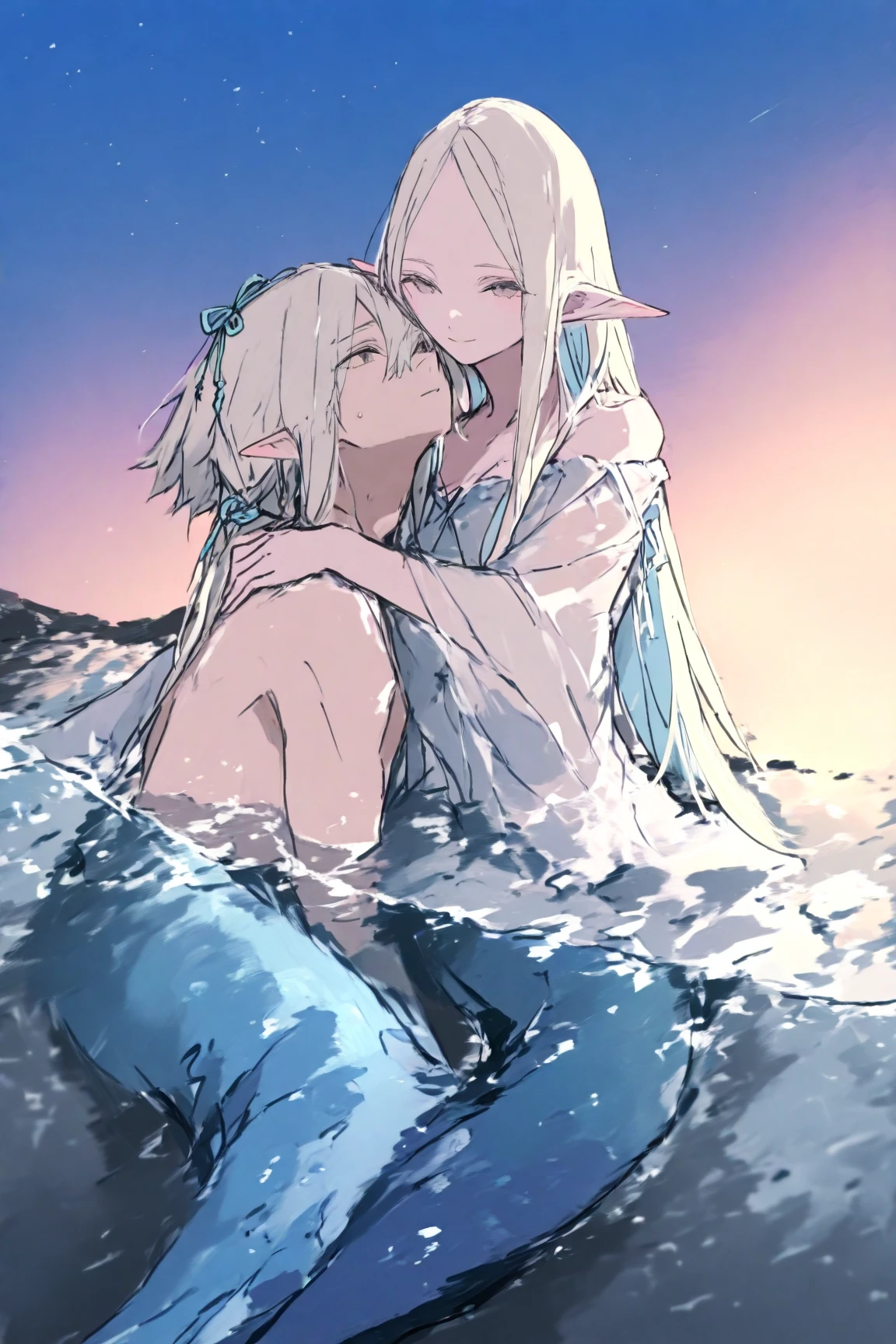 (man hugging a black-haired girl),masculine, masculine face, attractive, muscular, (((1man))), masterpiece, absurdres, best quality ,intricate details, ((((full body)))), (shiny skin, shiny body, shiny oily luster skin, shiny hair, pale skintone), Sundown, attractive, ((muscular)), adult, one, earrings, Don't look at the view , Not looking at the view, silver hair, braided hair, perfect detailed face, perfect detailed hands, triton, fins, red eyes, triton ears, smirk, marine sea ornaments, open chest, ((long mermaid tail)), no legs, under the sea, fishes, masculine features, masculine face, (((night))), moonlight, darkness, dark light, character seen from afar
