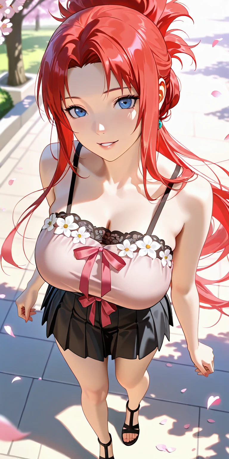 realistic, 1 girl, rias gremory, red hair, white hair, blue eyes, light eyes, white and pink sheer see-through wedding dress, red dress, pink tights, parted lips, pink cheeks, night, flower, sun, sunlight,(thin breasts), breast augmentation, beautiful breasts, cleavage, exposed , (best quality 4k),(nude revealing red hairy genitals)