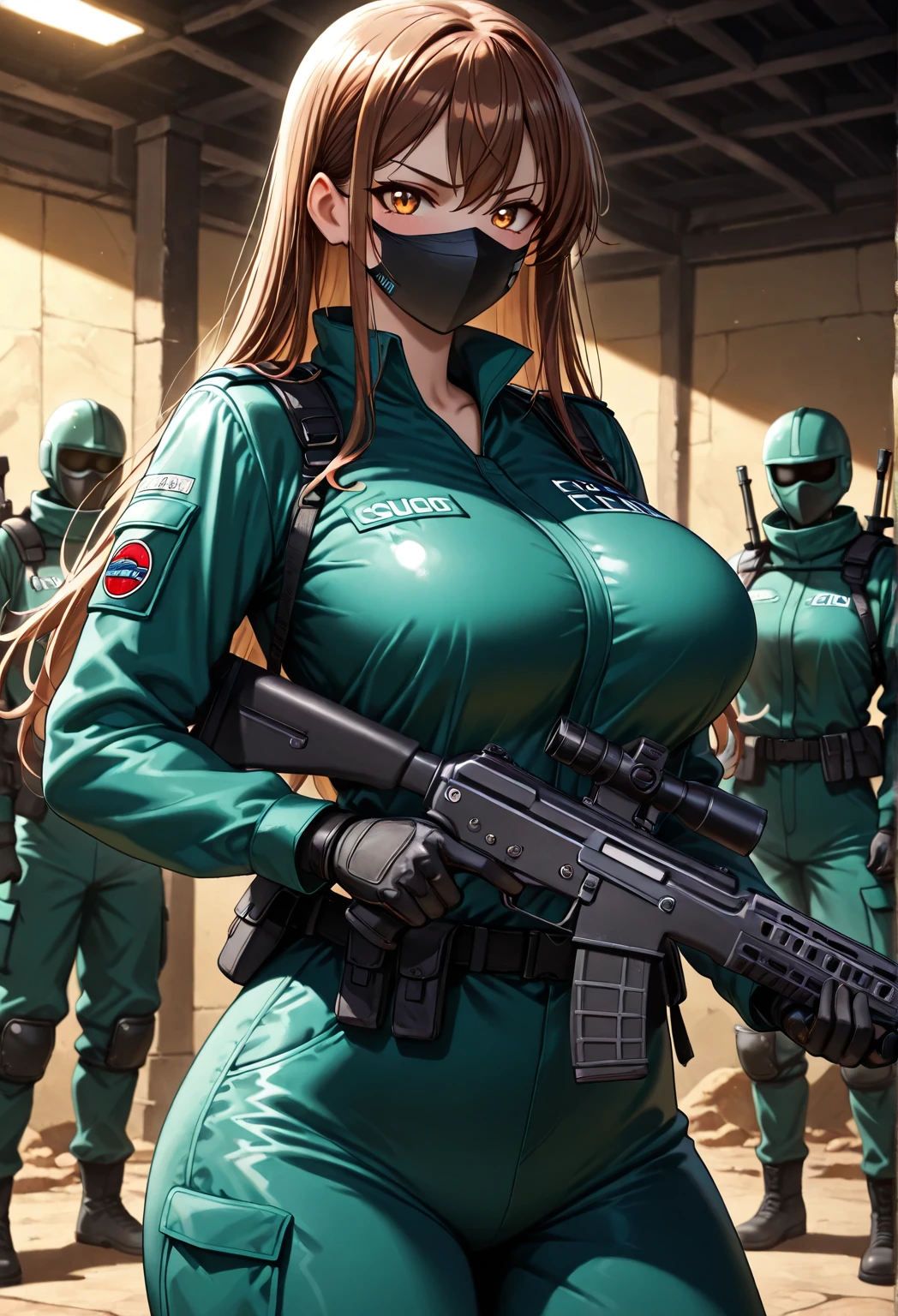 Anime girl wearing a gas mask, desire to do something sexual, big breasts and exposed genitals