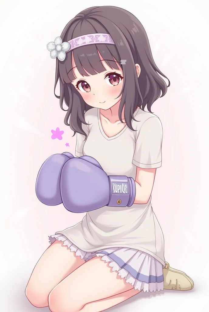 highest quality、best image quality、beautiful eyes、very delicate and beautiful、beautiful eyes、pink eyes、I、I、11 year old girl、Japanese、、Chiquita、Noble、primary school student、black hair、barefoot、（judo）、(((The lower body is a white leotard)))、（High leg）、tiara on head、dull smile、boxing gloves、standing and facing forward、The background is a hotel room