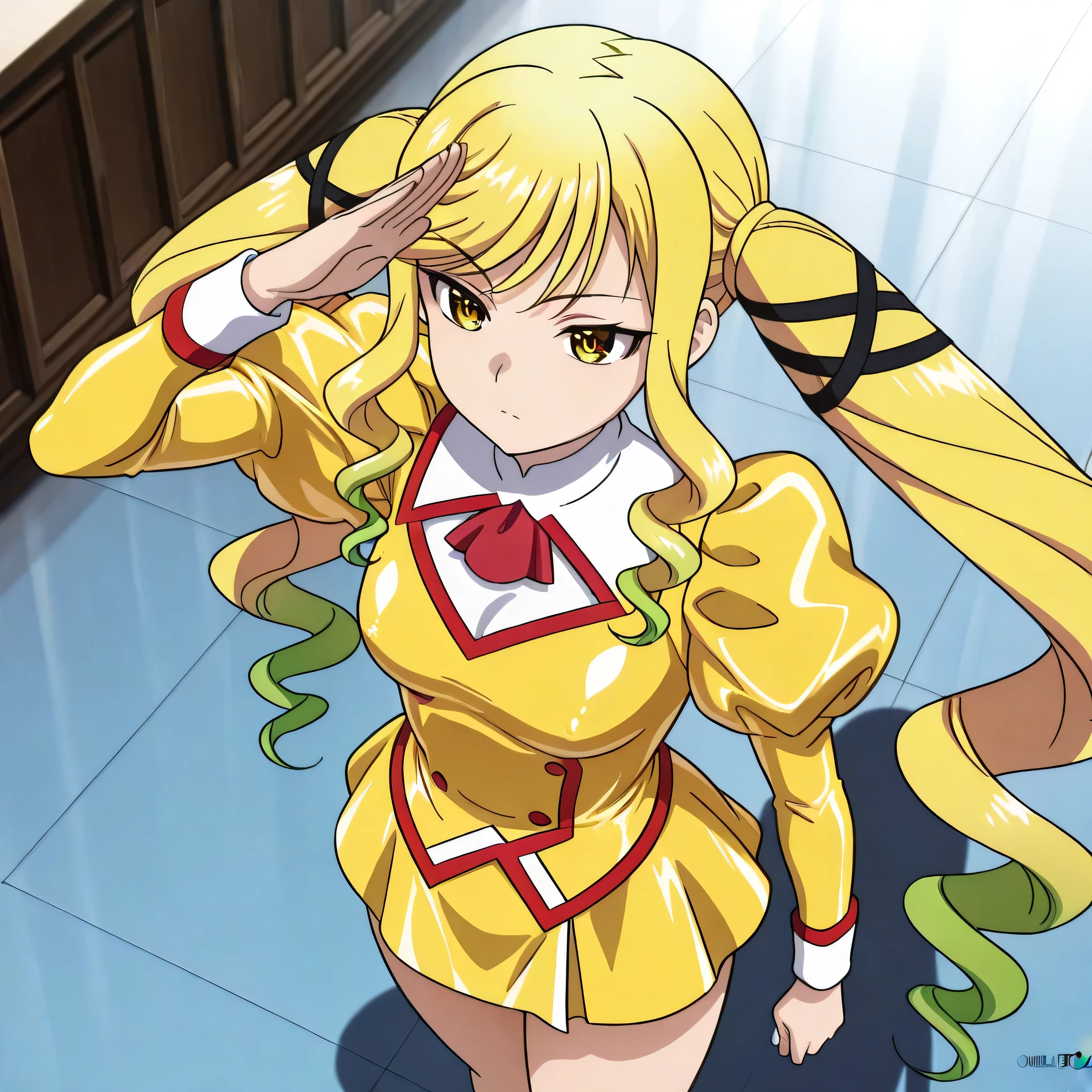(((Masterpiece))), (((Best Quality))), ((Super Detail)), ultra-High resolution, score_9,score_8_up,score_7_up,score_6_up,score_5_up,score_4_up, BREAK, source_anime, anime screencap, uncensored, rating_explicit, Masterpiece, (best shadow), (absurdres), (detailed background), (very aesthetic), detailed beautiful eyes, outstanding, countershading, detailed soft lighting, an exquisite animation illustration, curvy, highres, shiny clothing, delmo uniform, yellow latex dress, red trim, red ascot, cleavage cutout, panty shot, panties, rieout, long sleeves, yellow dress, miniskirt, cleavage cutout, juliet sleeves, miniskirt, (((solo, 1girl))), hair ornament, seductive pose, submissive pose, anime style, anime coloring, animification, megami magazine, sexy pose, small breast, lilisa suzunomiya, long hair, blonde hair, ribbon, very long hair, twin tails, brown eyes, yellow eyes, hair ribbon, multicolored hair, sidelocks, green hair, gradient hair, swept bangs, wavy hair, suzunomiyaririsa, two-tone hair, drill hair, long sidelocks, drill sidelocks, expressionless, emotionless, salute, saluting, standing, standing still, standing at attention, school, indoor, looking from above, view from above, from above, looking ahead, serious