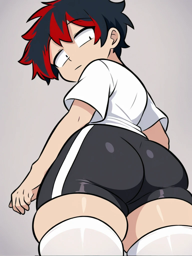 Sporty boy sticking out his tongue, showing his smelly feet and buttocks, making a peace sign with both hands