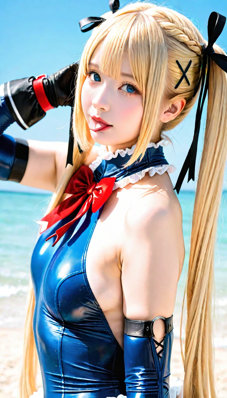 ((Highest quality,Extremely detailed CG Unity,32K)), (( Professional quality,Perfect photo, Ray Tracing, Perfect volume lighting )), ((Hyper Detail,Intricate details))((Masterpiece)),眩しいハイライトが入ったプラチナblondeの髪、Shiny bright hair,、Shiny beautiful bangs、Sparkling, clear, attractive big blue eyes、A very beautiful, lovely and cute 16 year old girl、(((((Shiny patent blue swimsuit)))((Camel Toe),(Frilled swimsuit, Knee socks, Removed sleeve), ,(White fingers:1.1,Black gloves),(((blonde))),(Very long hair:1.6),Twin tails、Beach cove background,