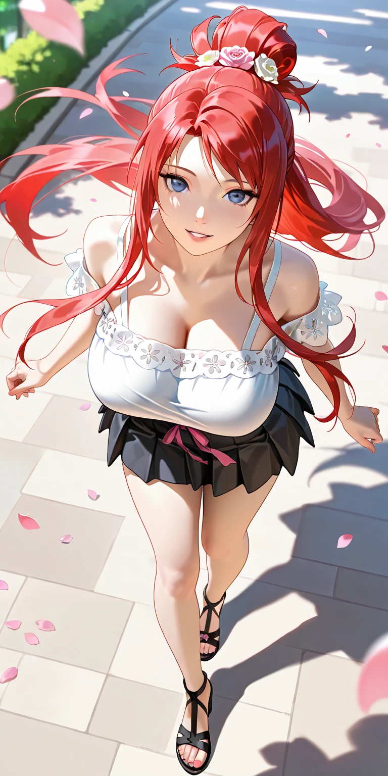 1 girl, solo, long wavy hair, vibrant fiery red hair, hazey blue eyes, skinny, flirtatious curves, gigantically large breasts, 2 breasts, 5'4", anime girl, no bra, standing seductively, powder blue dress featuring thin straps, a subtle neckline, enhancing the collarbone, and flows into a silhouette that elegantly complements the wearer's figure. Strappy black heels. Dress straps sliding down her arms causing her breasts to be naked, Breasts over dress
