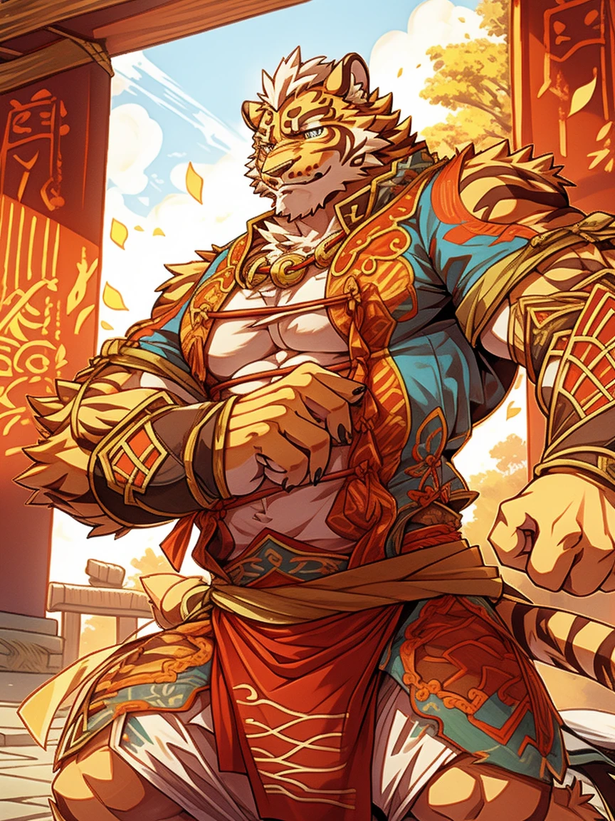 The picture is exquisite,Redraw,More expressive,tiger,Anthropomorphic,Flower Street,put out lanterns,Obese physique,scar