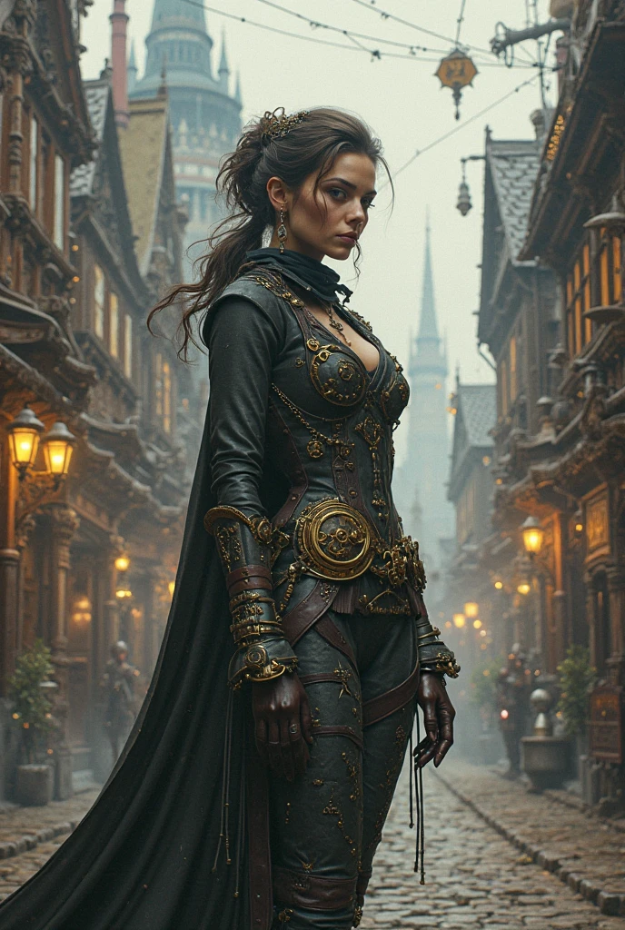 
an undead woman in a steampunk uniform in the foreground  near the obcietive searches a street of a semi-abandoned gothic village, next to her some grotesque and surreal undead characters