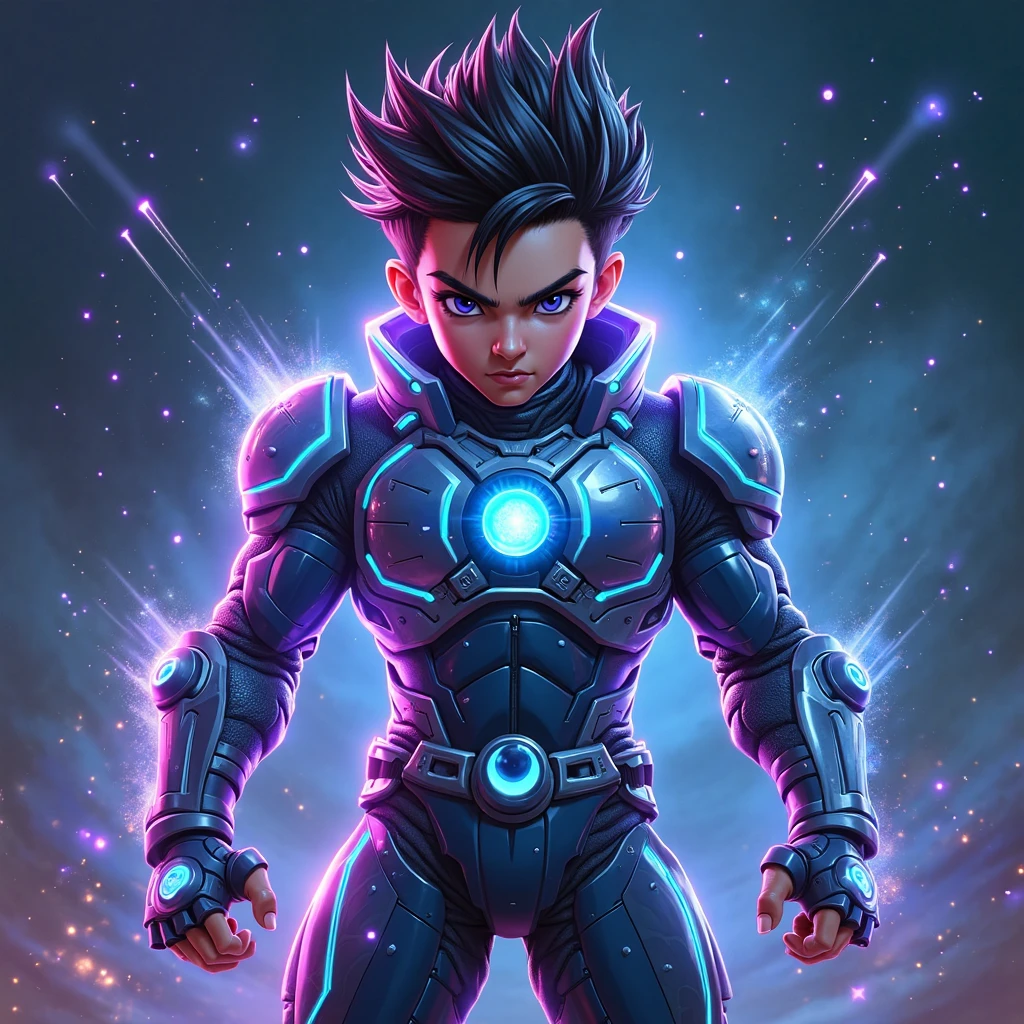 (Best Quality, High Definition) A cute 3 year old boy with purple skin, fighting stance, infinity gloves, Thanos clothes